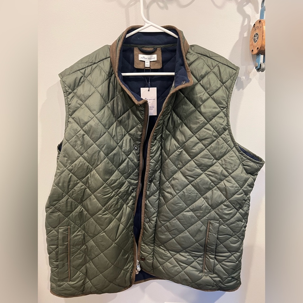 Peter Millar Olive Green Quilted Vest with Brown Trim